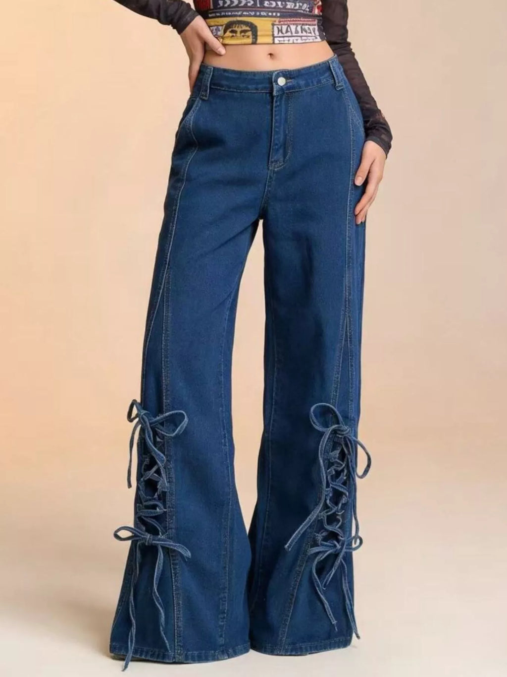 Women's Wide Leg Denim Jeans with Side Lace-Up Detail