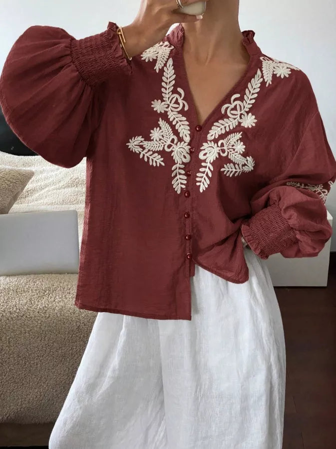 Women's Embroidered White Long Sleeve Notched Collar Blouse