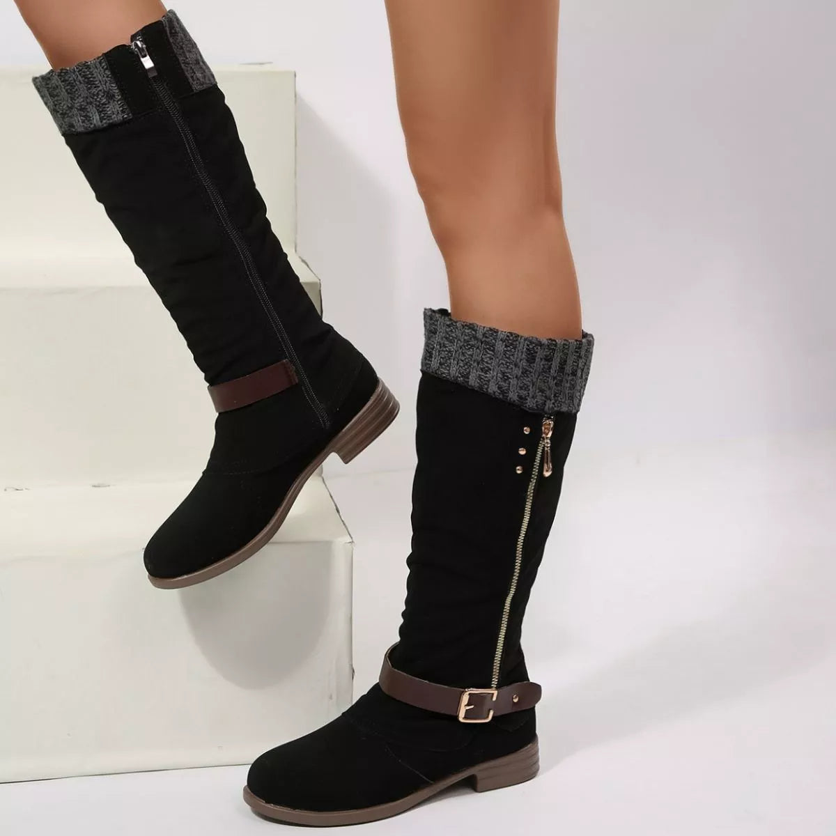 Women Black Suede Mid-Calf Boots with Knit Cuff and Buckle Detail