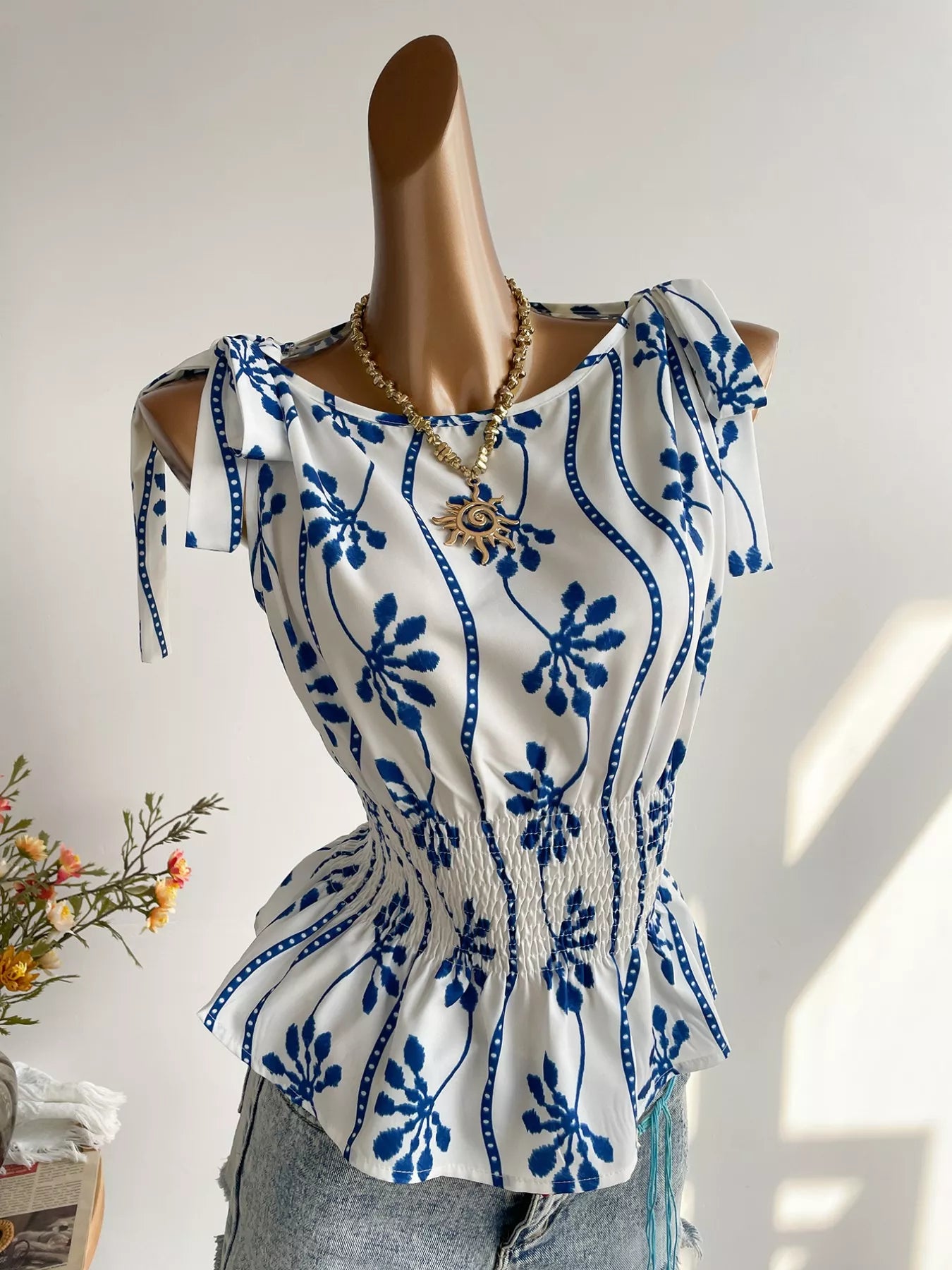 Women's Smocked Tie Shoulder Blouse with Style