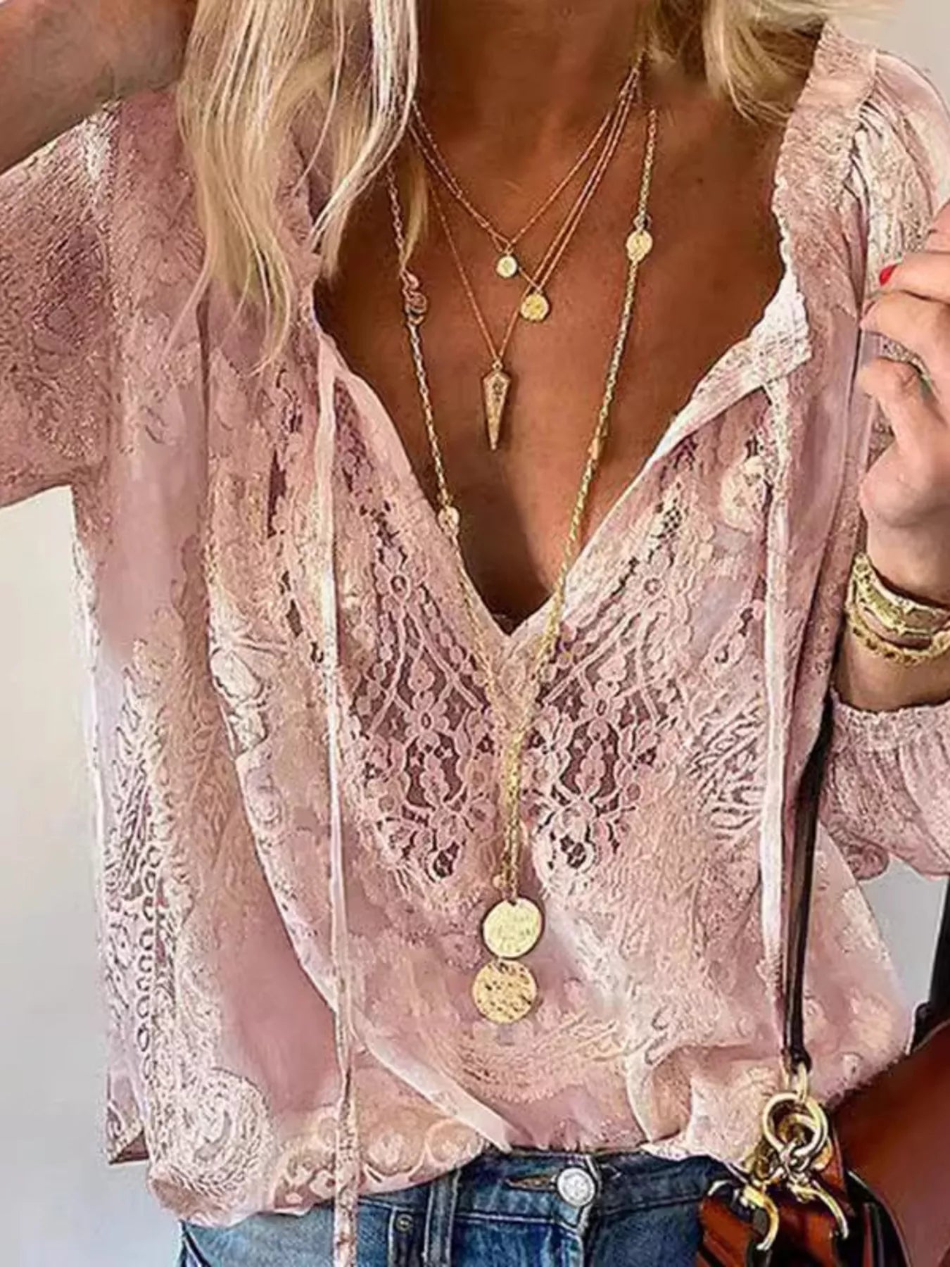 Women's Sheer Lace Tie-Neck Long Sleeve Blouse Casual Top