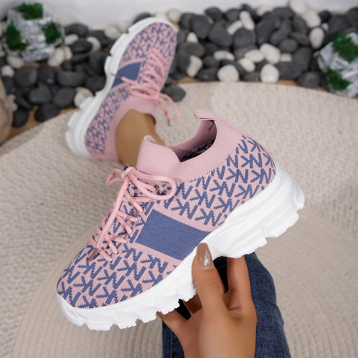 Women's Letter Print Lace-Up Sneakers with Chunky Pink Sole