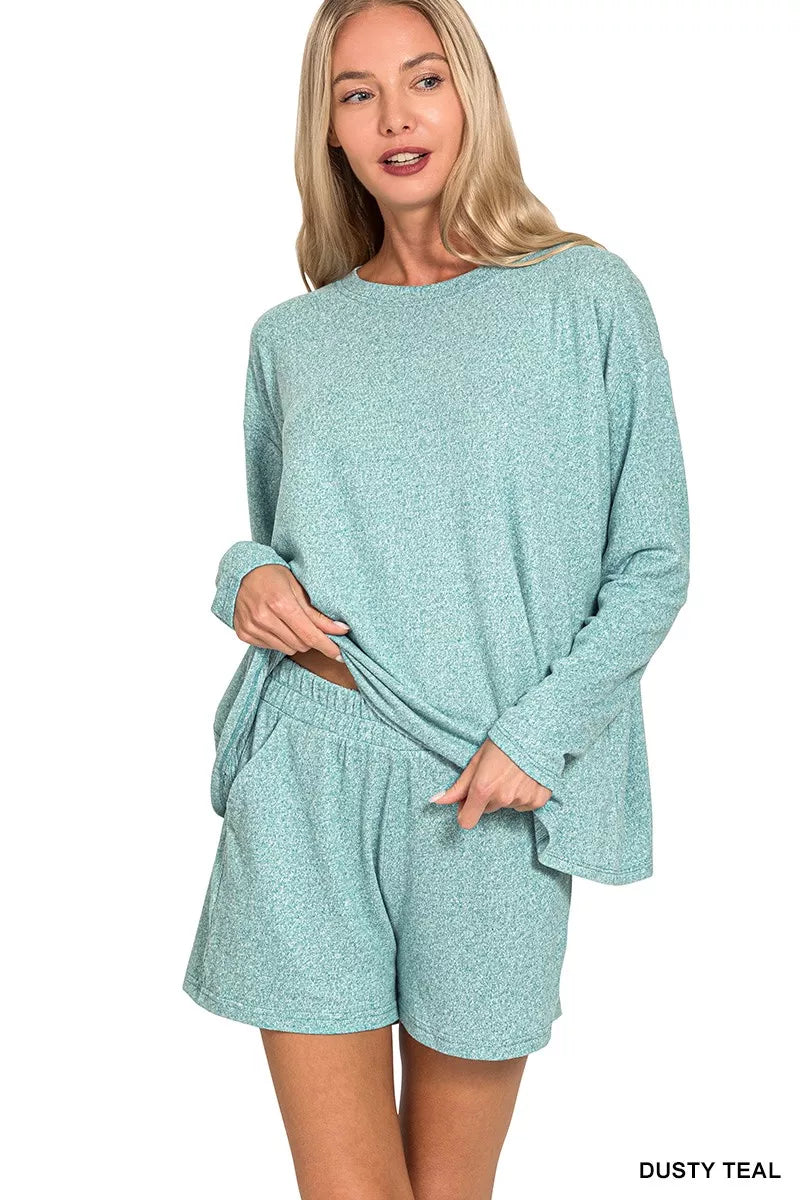 Zenana Soft Melange Long Sleeve Tee & Shorts Set