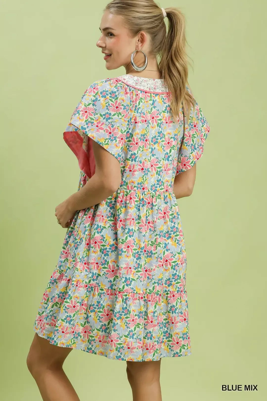 Blue Mix Floral Tiered Mini Dress with Pockets