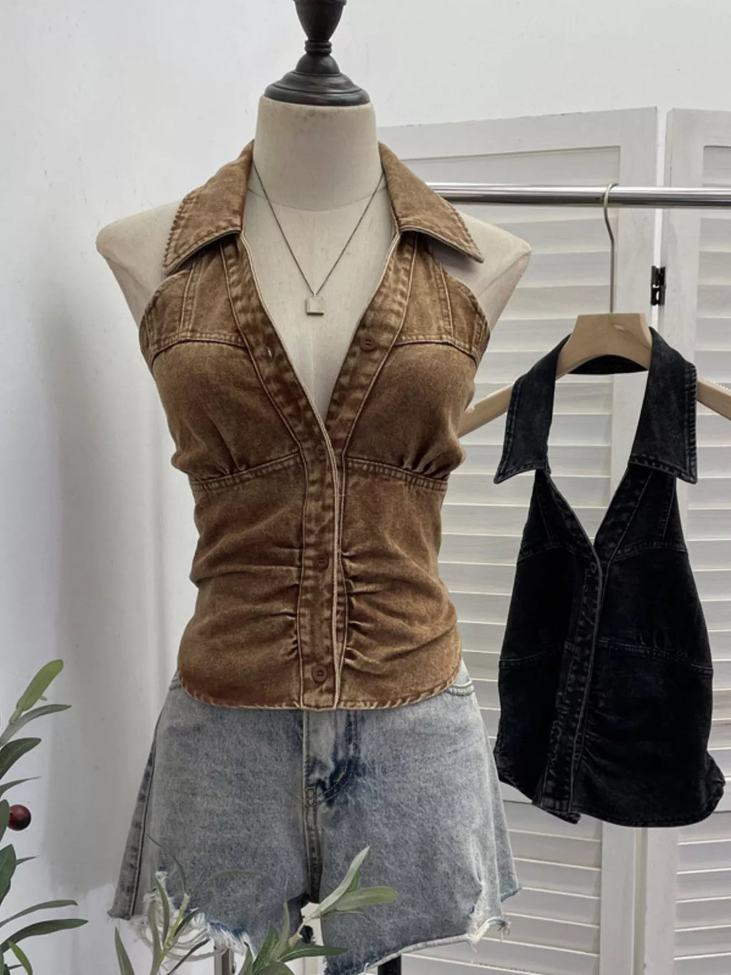 Smocked Denim Halter Collar Top in Blue