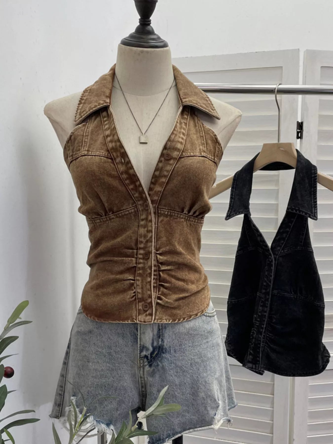Smocked Denim Halter Collar Top in Blue