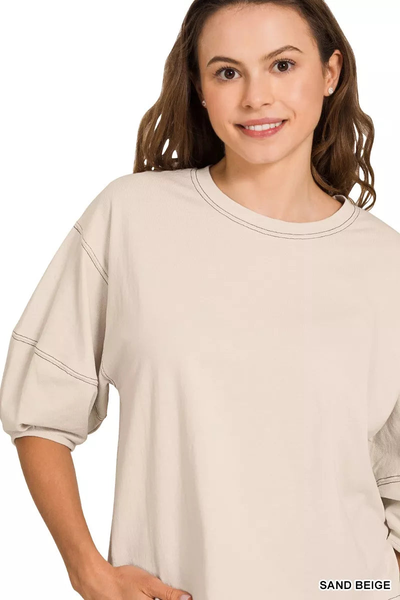 Zenana Balloon Sleeve Top | Cotton Contrast Stitching Tee