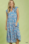 Blue Leaf Print Tiered Midi Dress with Ruffle Sleeves
