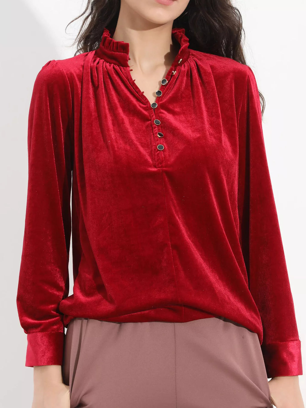 Women Red Velvet Long Sleeve Blouse with Ruffle Neckline
