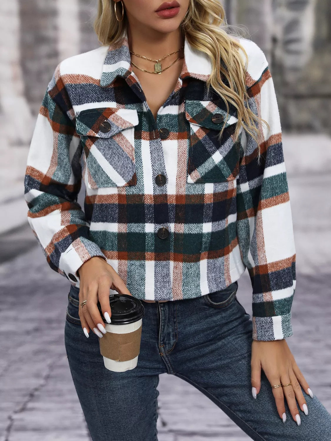 Women's Plaid Button-Up Shacket Casual Long Sleeve Jacket