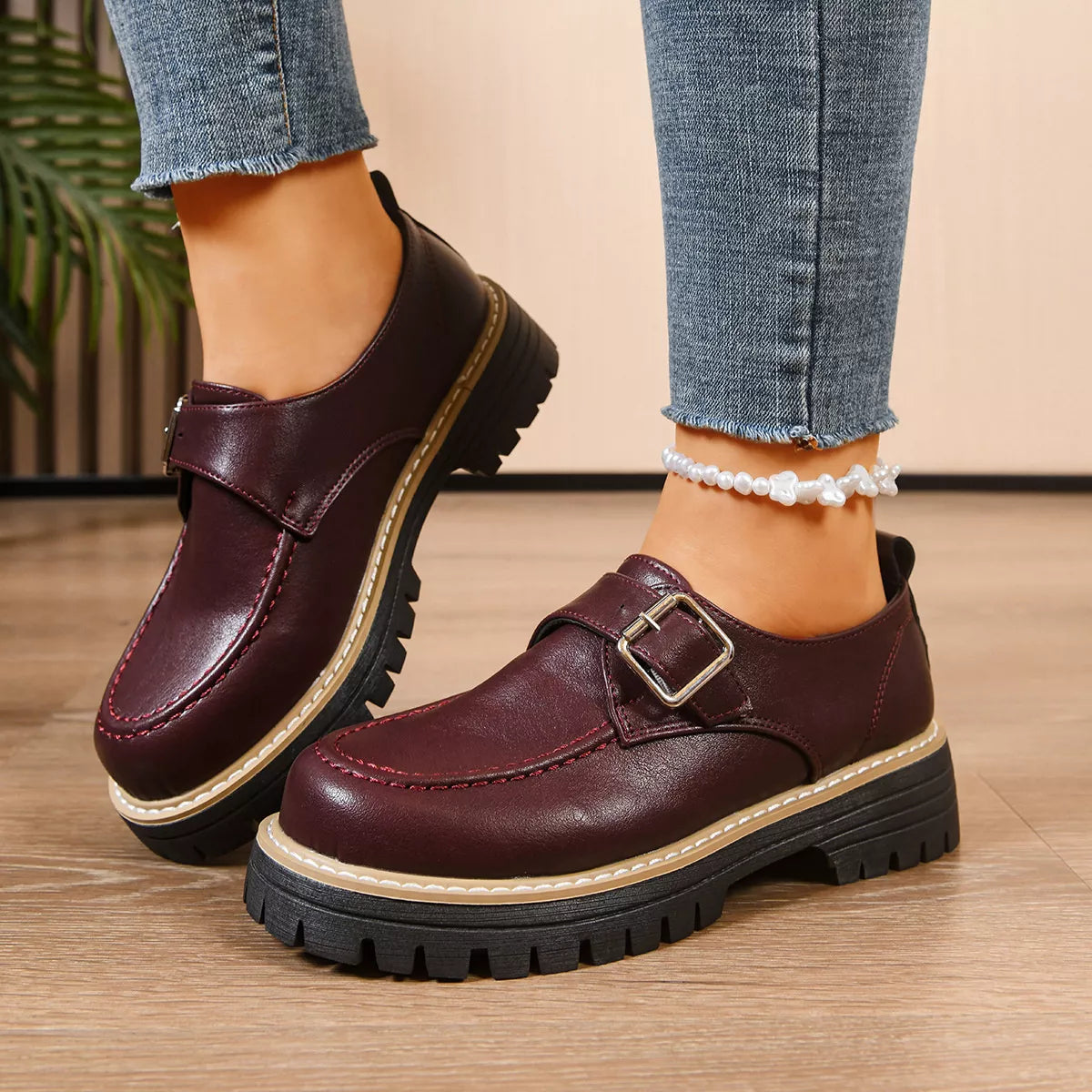 Women's Burgundy Round Toe Buckle Loafers Mid Heel Casual Shoes