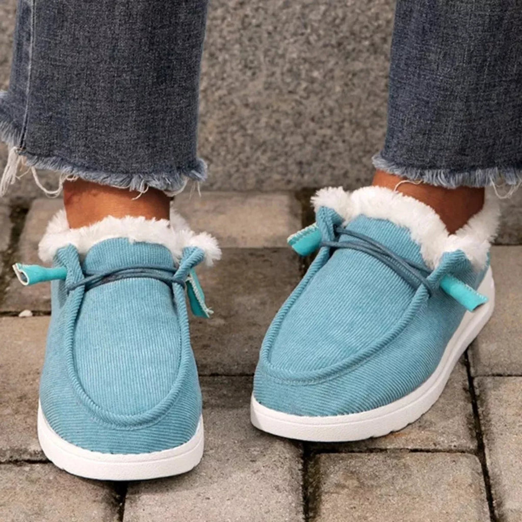 Women's Fuzzy Lined Corduroy Slip-On Casual Flats in Blue