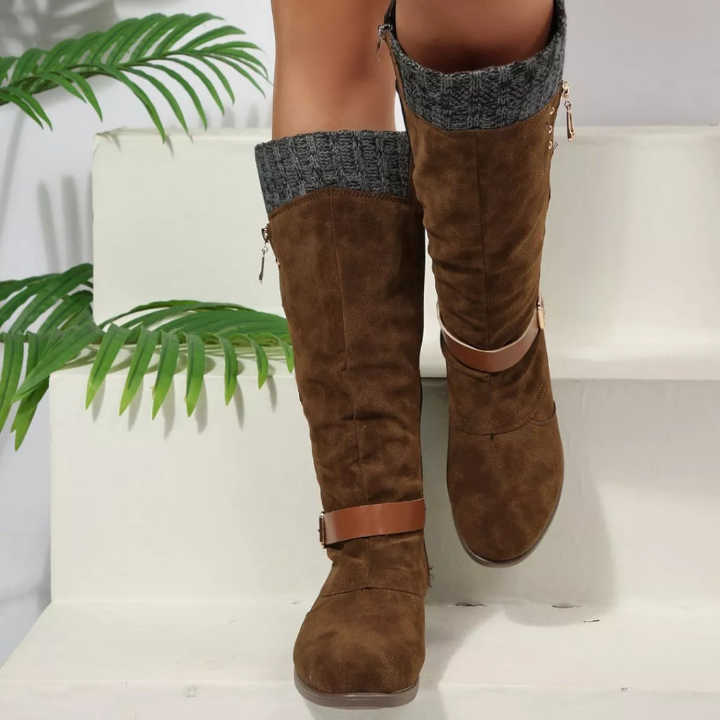 Women Black Suede Mid-Calf Boots with Knit Cuff and Buckle Detail