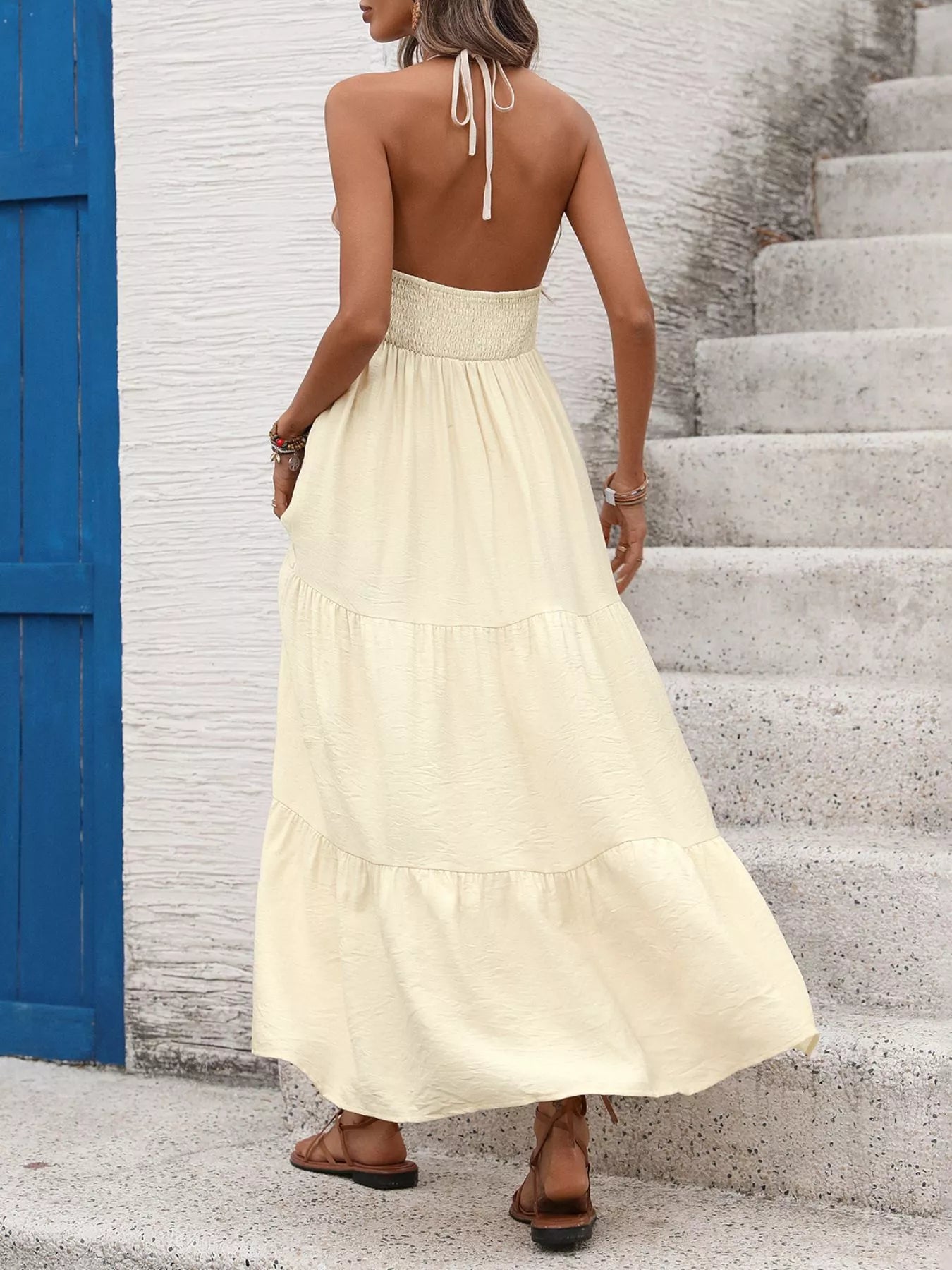 Beige Halter Neck Tiered Maxi Dress with Shell Detail