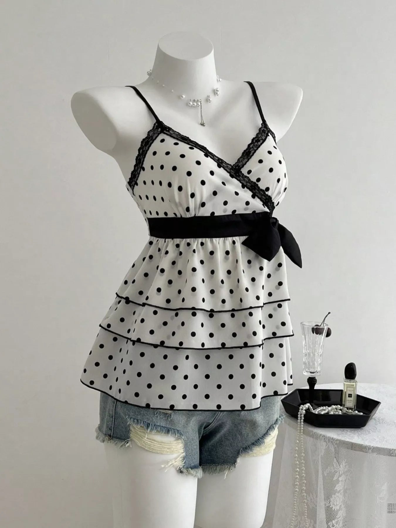 Polka Dot Ruffle Hem Cami with Lace Trim and Waist Tie