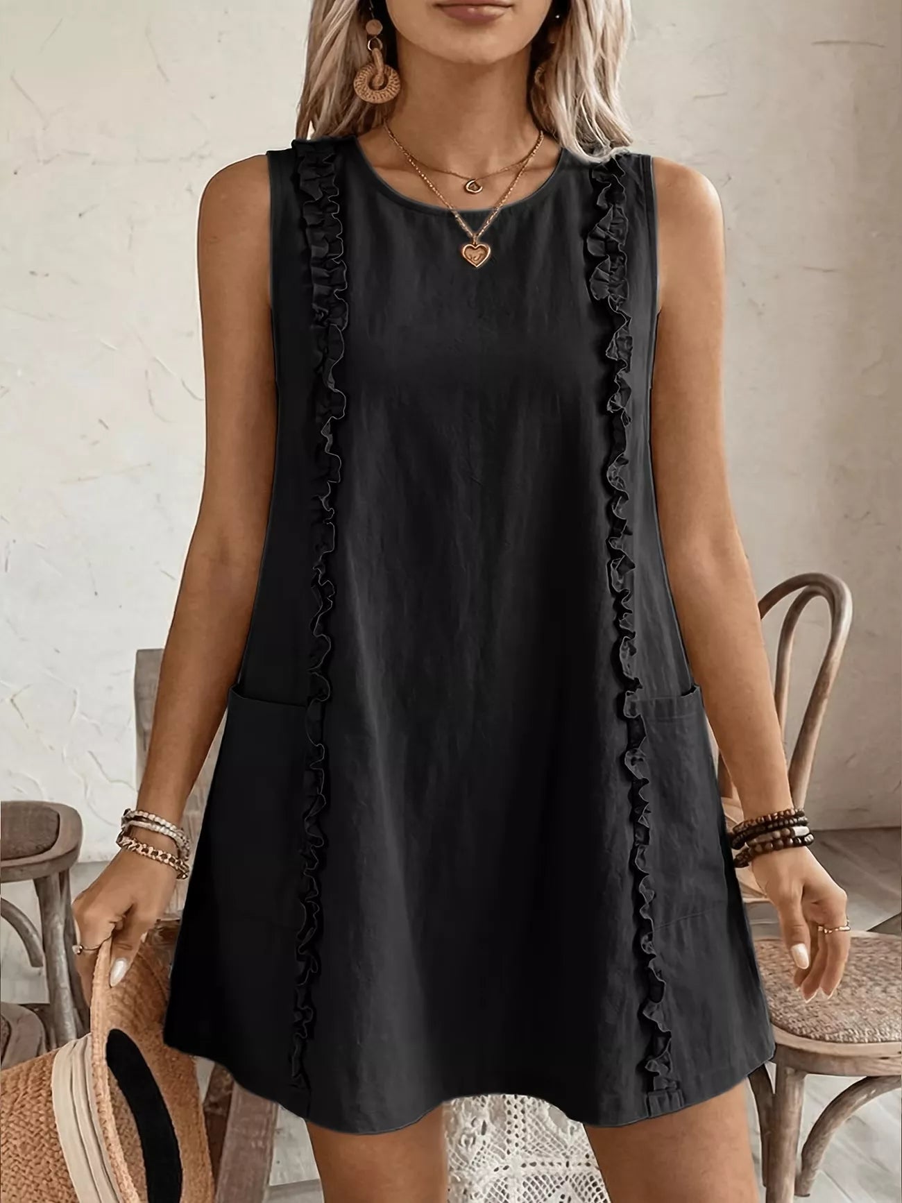 Frill Sleeveless Round Neck Dress