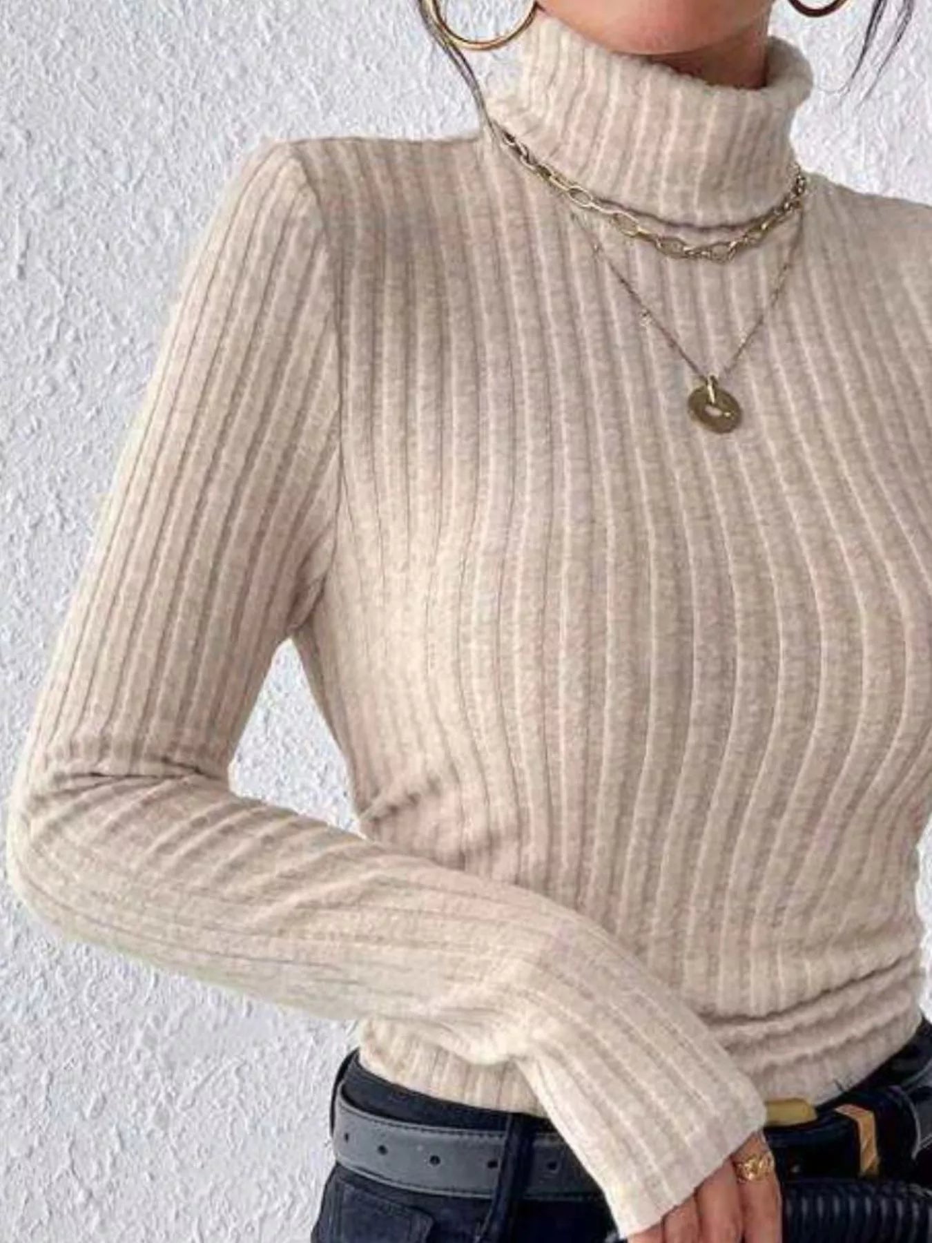 Women's Ribbed Turtleneck Long Sleeve Basic Fitted T-Shirt