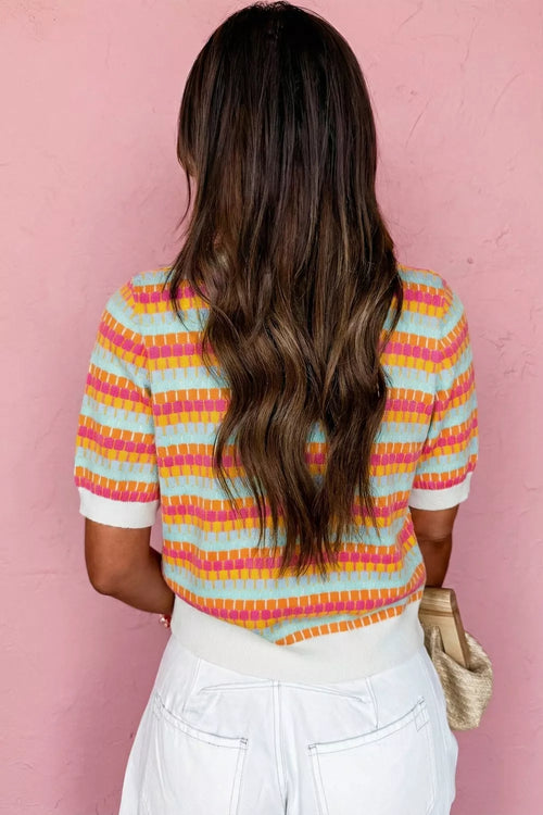 Abstract Striped Knit Short Sleeve Sweater in Multi-Color