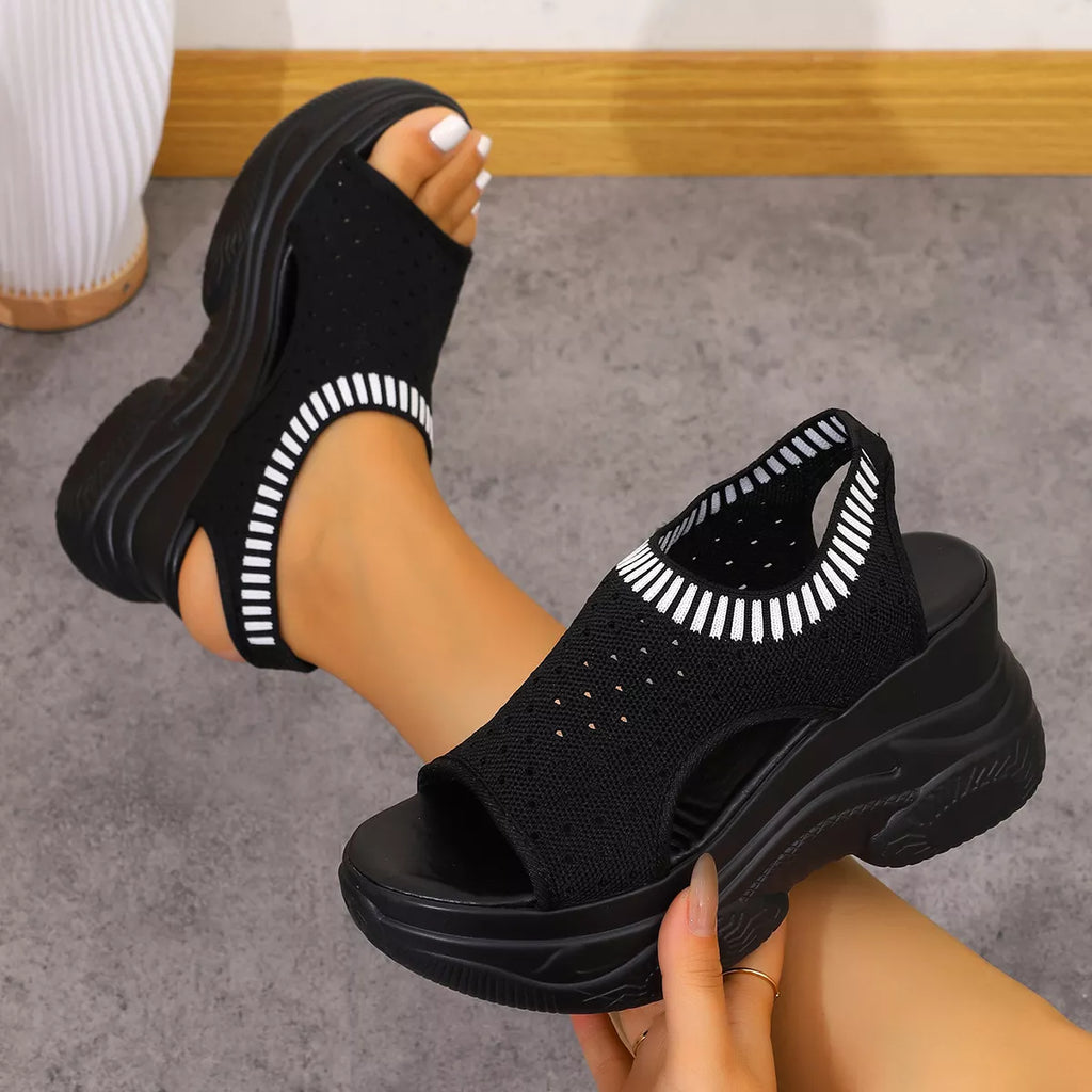 Women's Black Mesh Platform Wedge Sandals Comfortable Casual Mules
