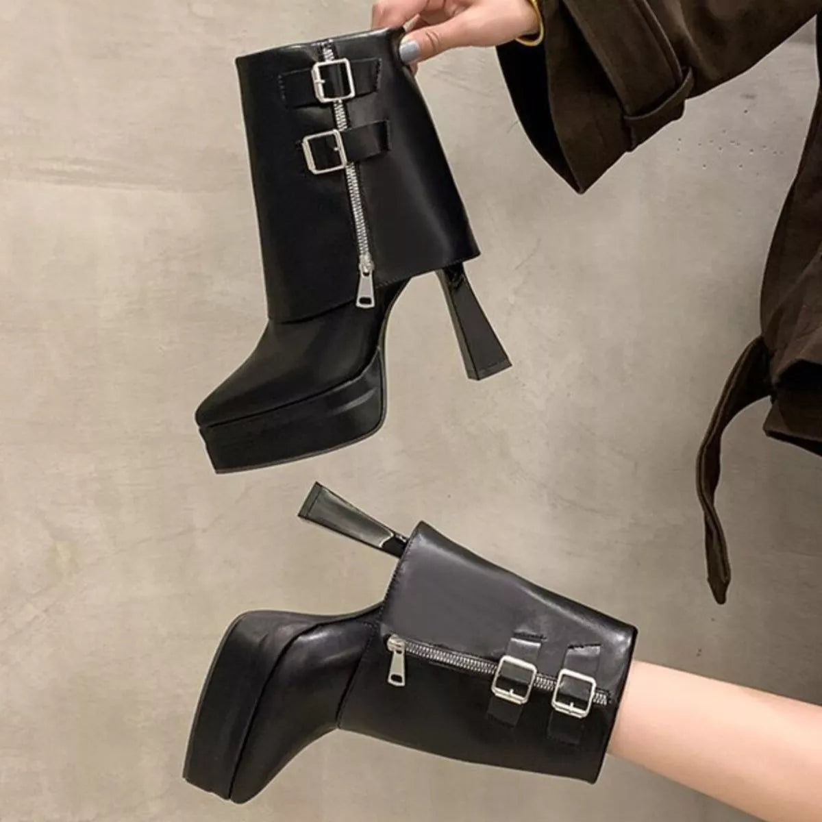 White Point Toe Platform Block Heel Ankle Boots