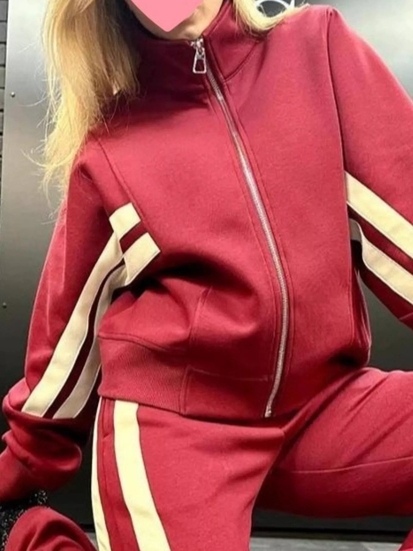 Women White Red Striped Zip Up Track Jacket and Pants Set