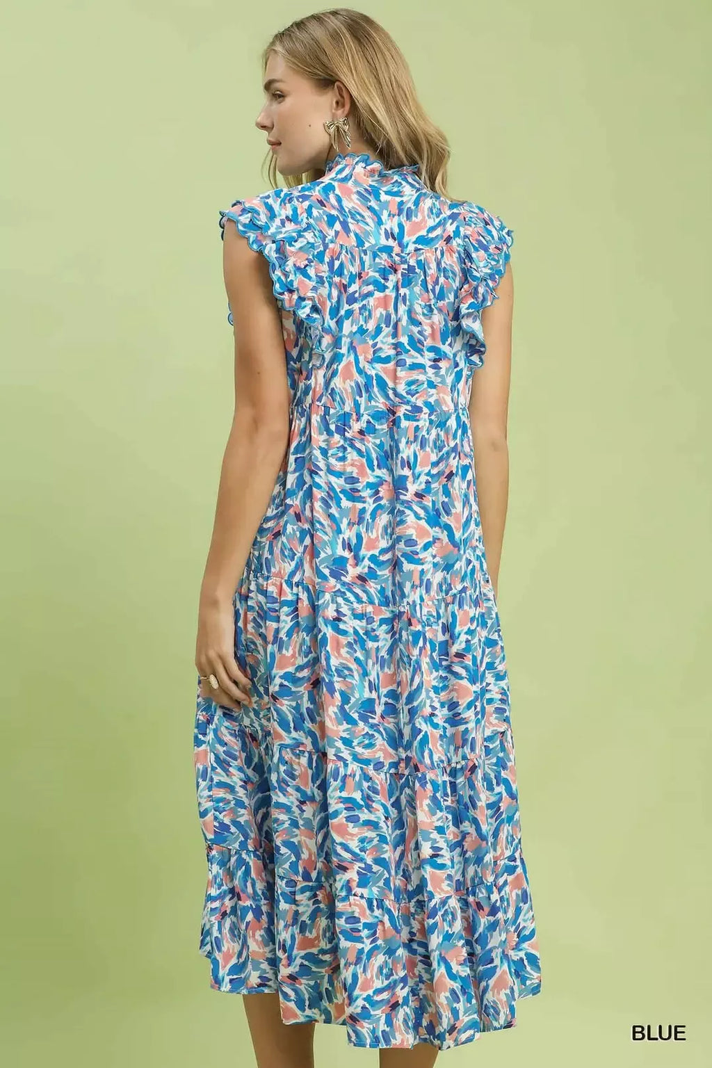 Blue Leaf Print Tiered Midi Dress with Ruffle Sleeves