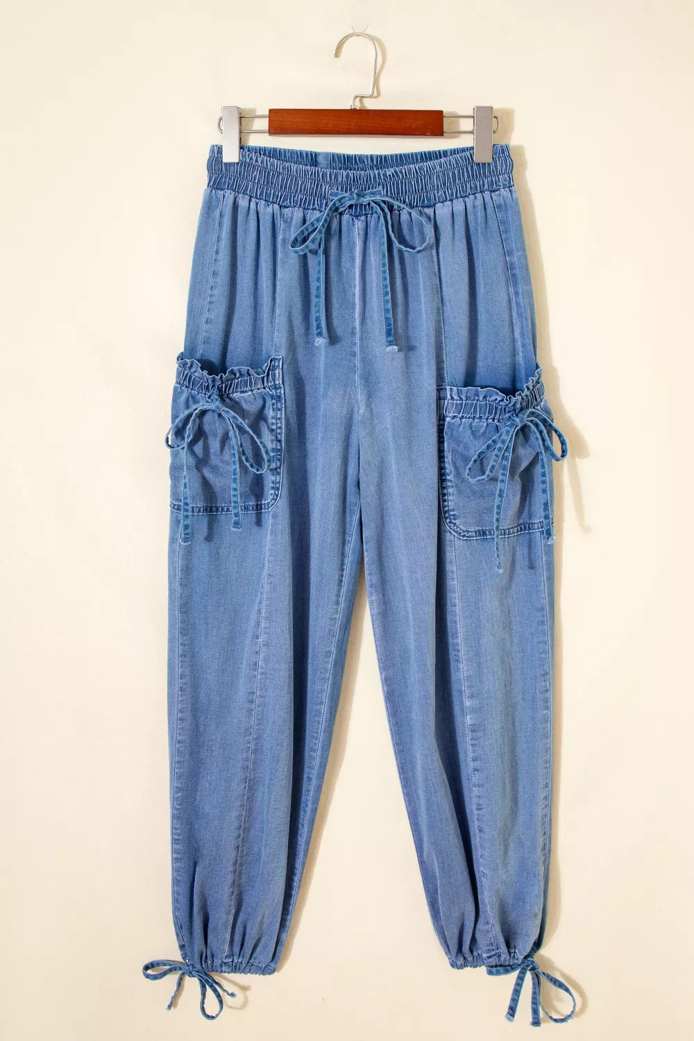 Light Blue Drawstring Elastic Waist Loose Cargo Jeans