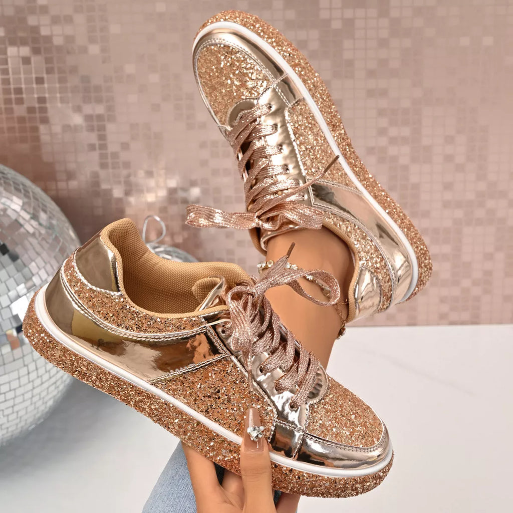 Women's Sequin Lace Up Sneakers - Gold, Silver & Champagne