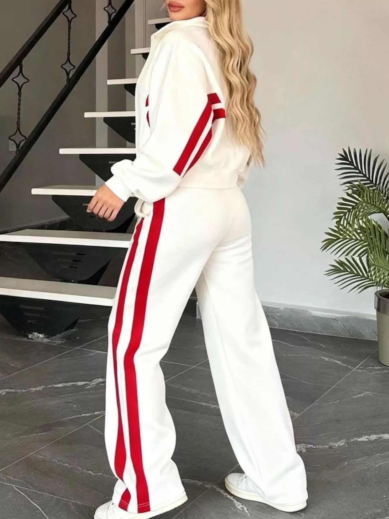 Women White Red Striped Zip Up Track Jacket and Pants Set