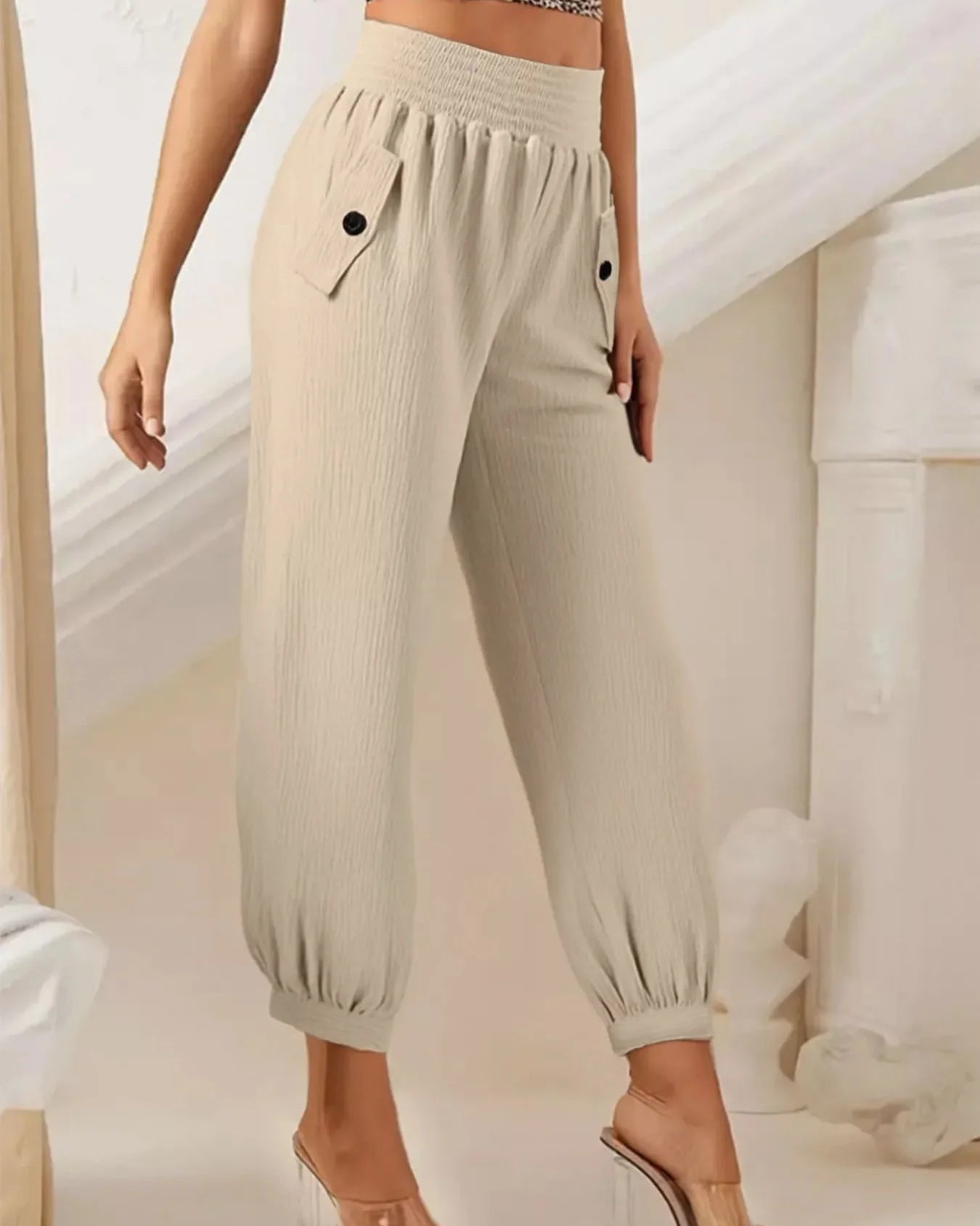 Women's Beige Textured Smocked Waist Casual Pants with Pockets