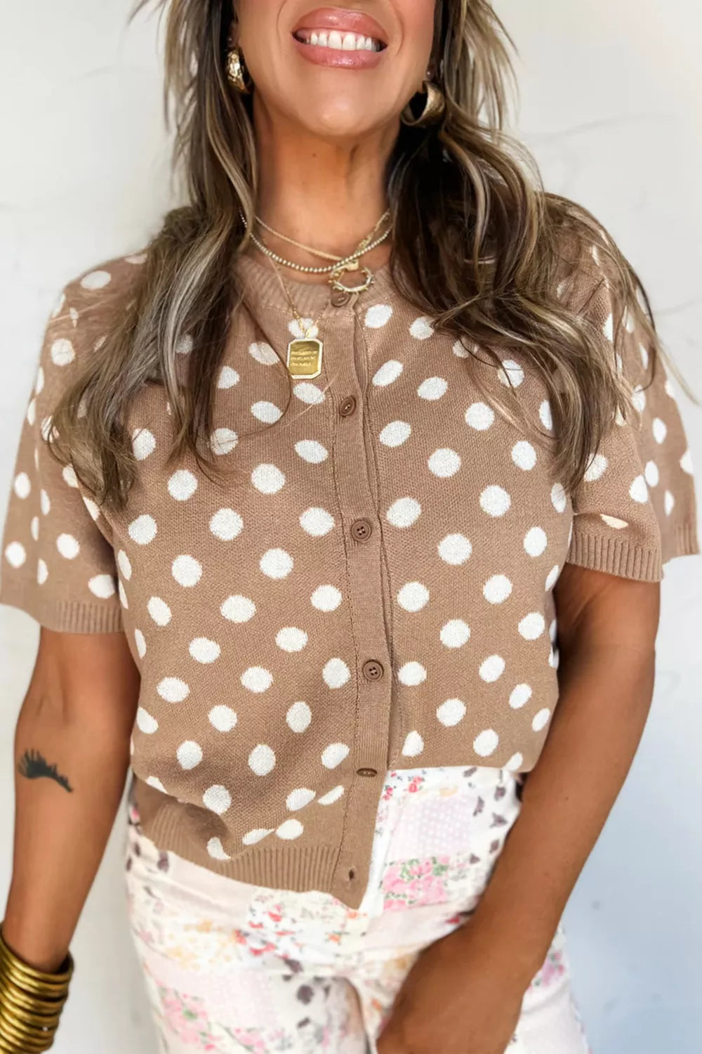 Polka Dot Short Sleeve Button Down Knit Cardigan Sweater