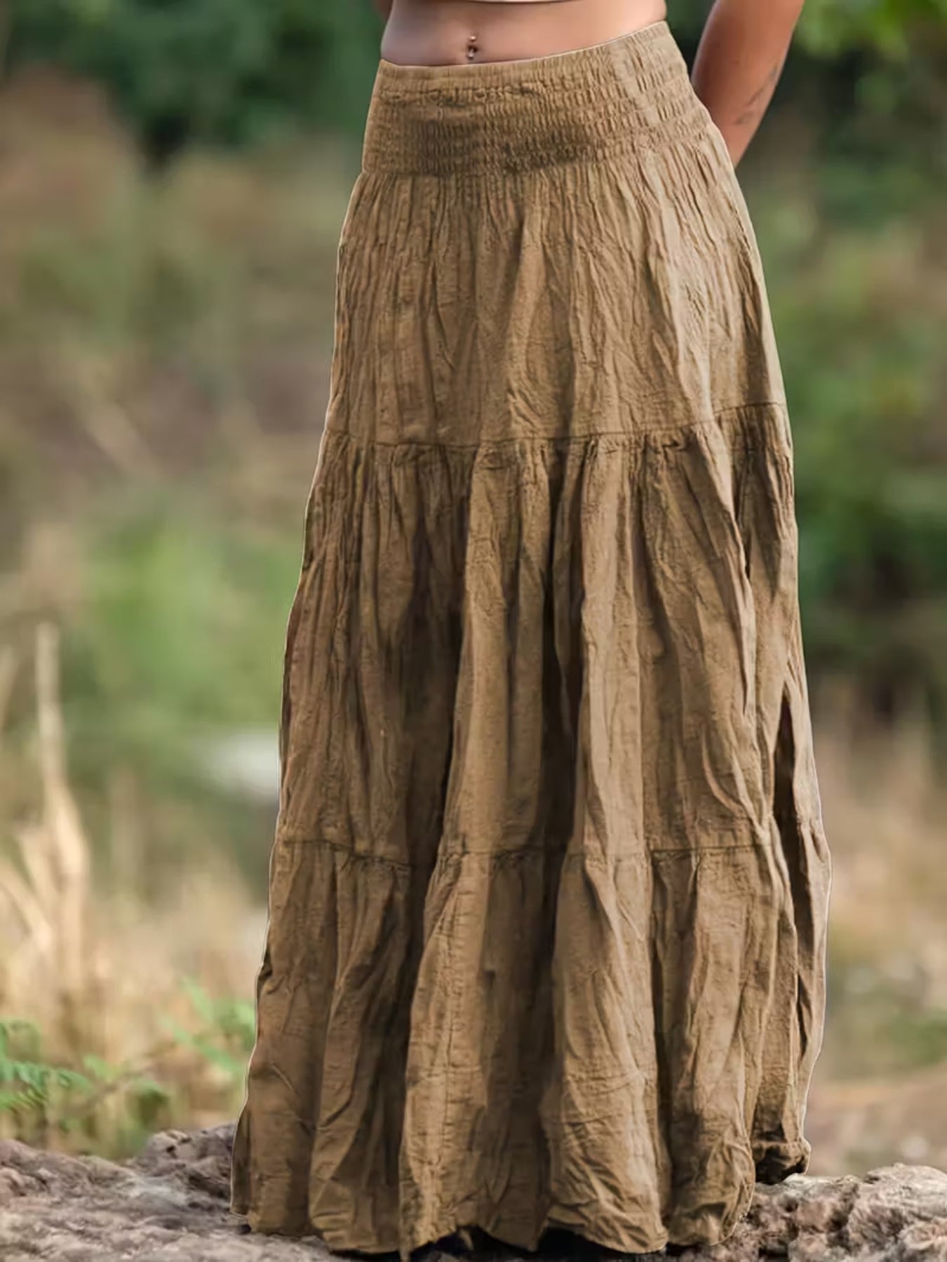 Women Ruched Tiered Maxi Skirt Bohemian Style Flowy Long Skirt
