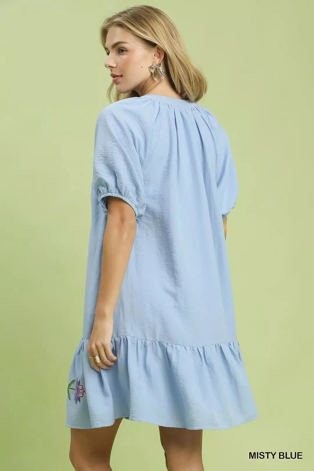 Misty Blue Floral Embroidered Puff Sleeve Babydoll Mini Dress