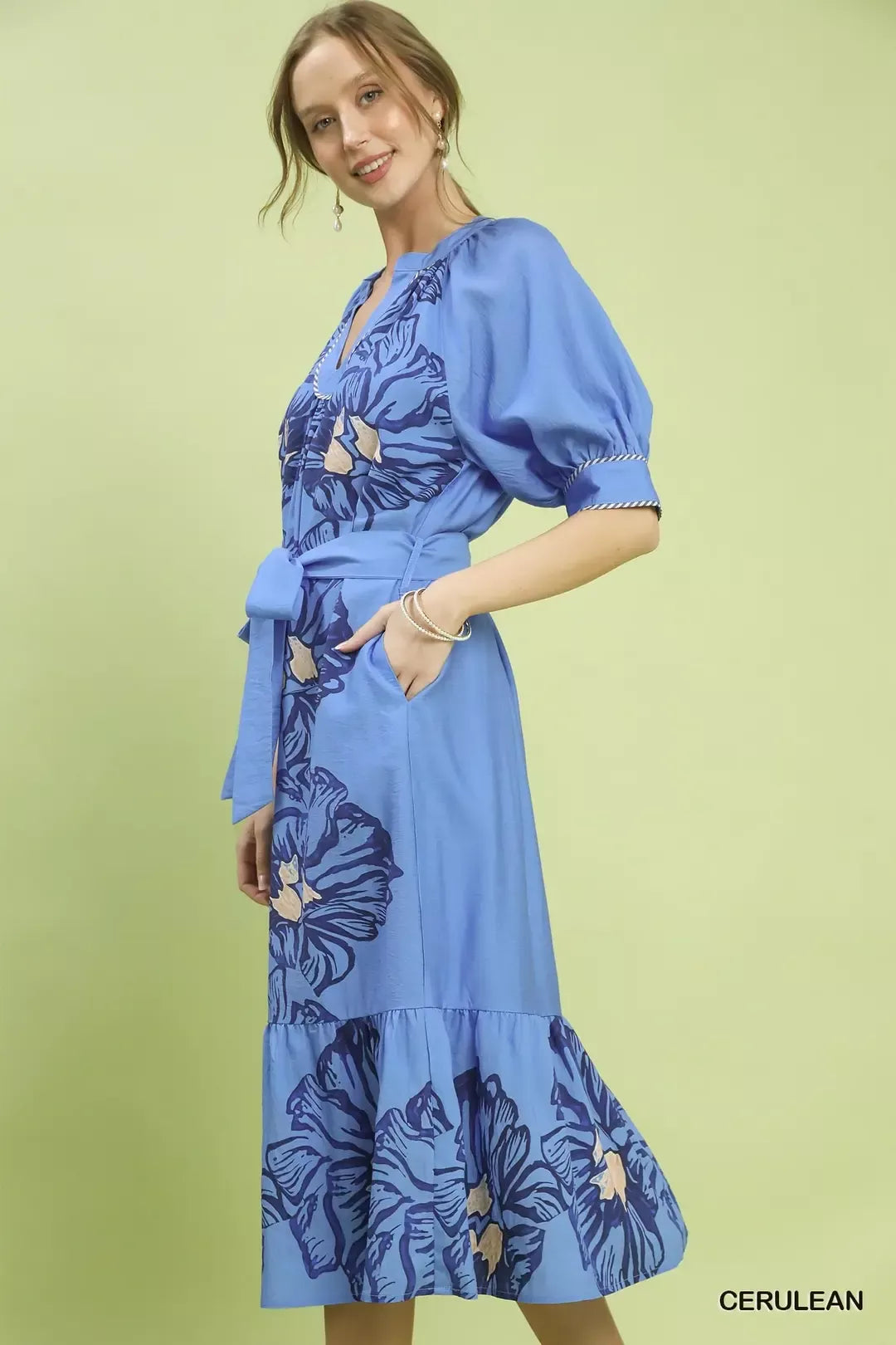 Floral Print V-Neck Midi Dress with Belted Waist in Cerulean