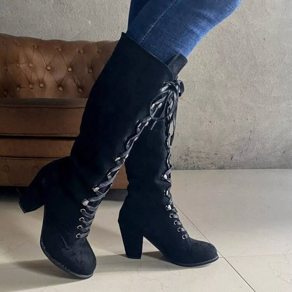 Women's Navy Suede Lace-Up Block Heel Boots