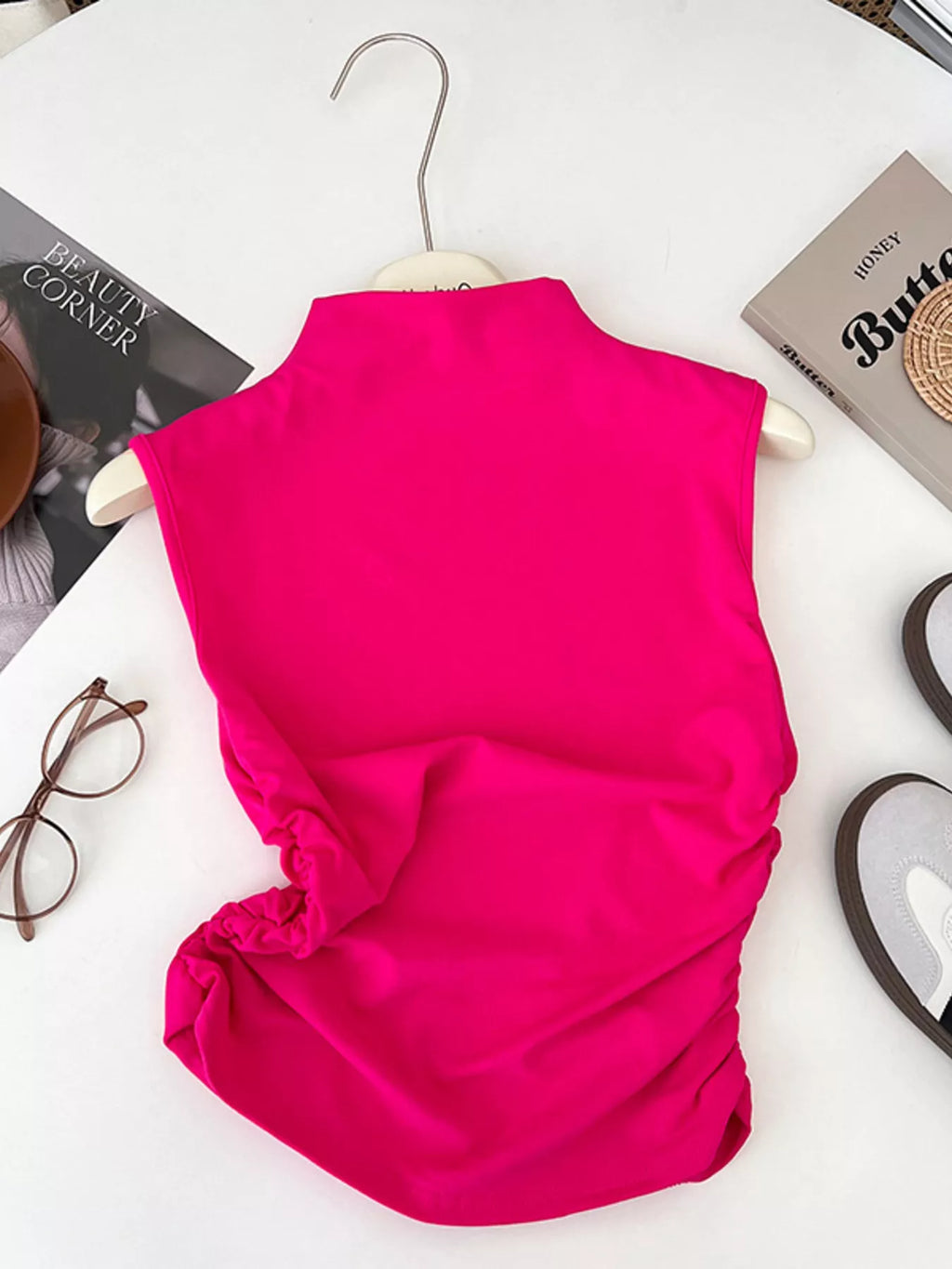 Ruched Mock Neck Sleeveless Tank Top