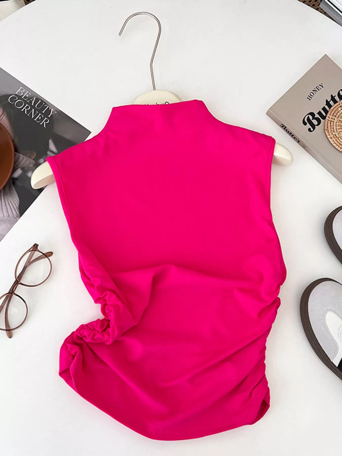 Ruched Mock Neck Sleeveless Tank Top