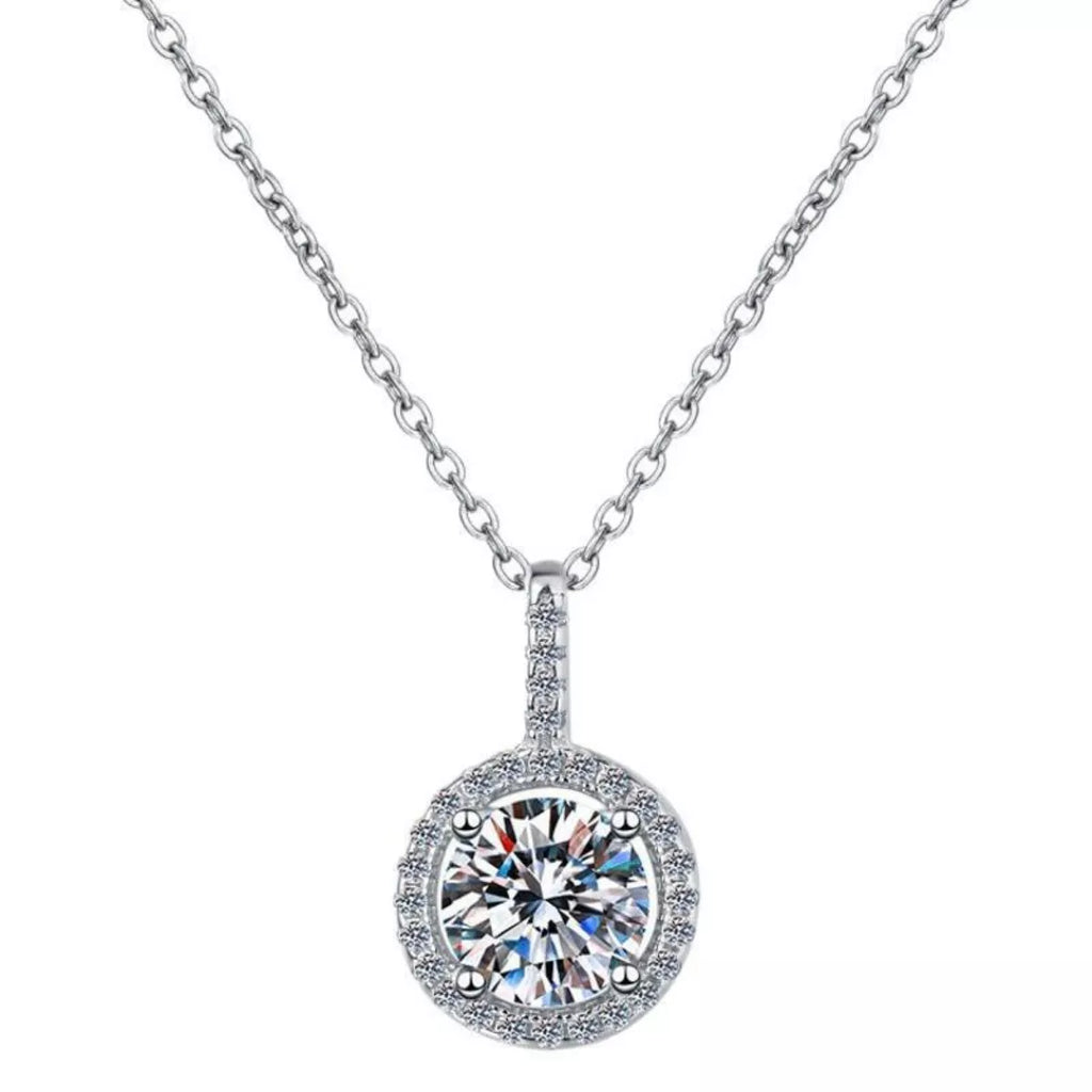 2 Carat Round Moissanite Halo Pendant Necklace Sterling Silver