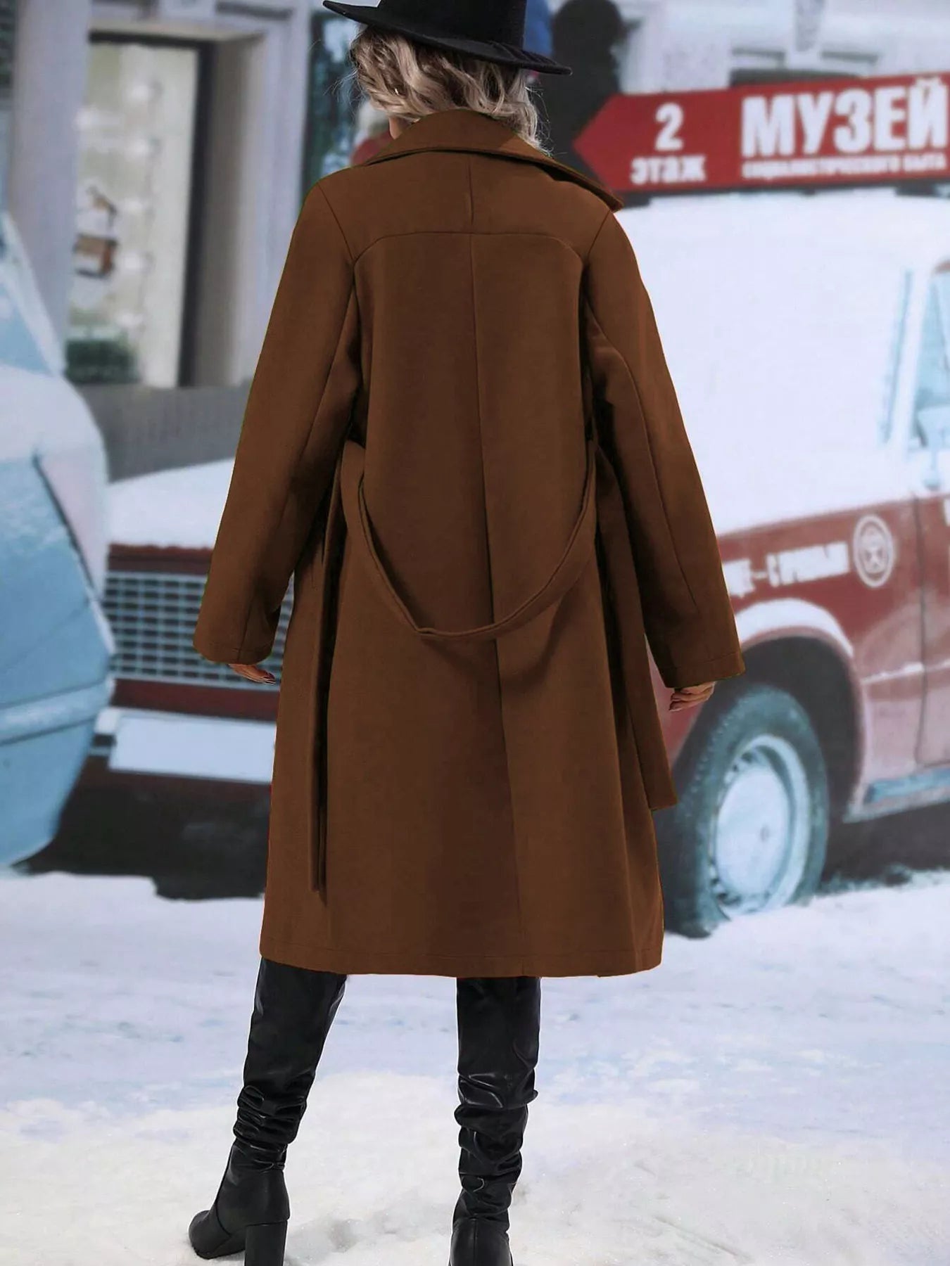 Women's Red Double-Breasted Lapel Collar Belted Long Overcoat