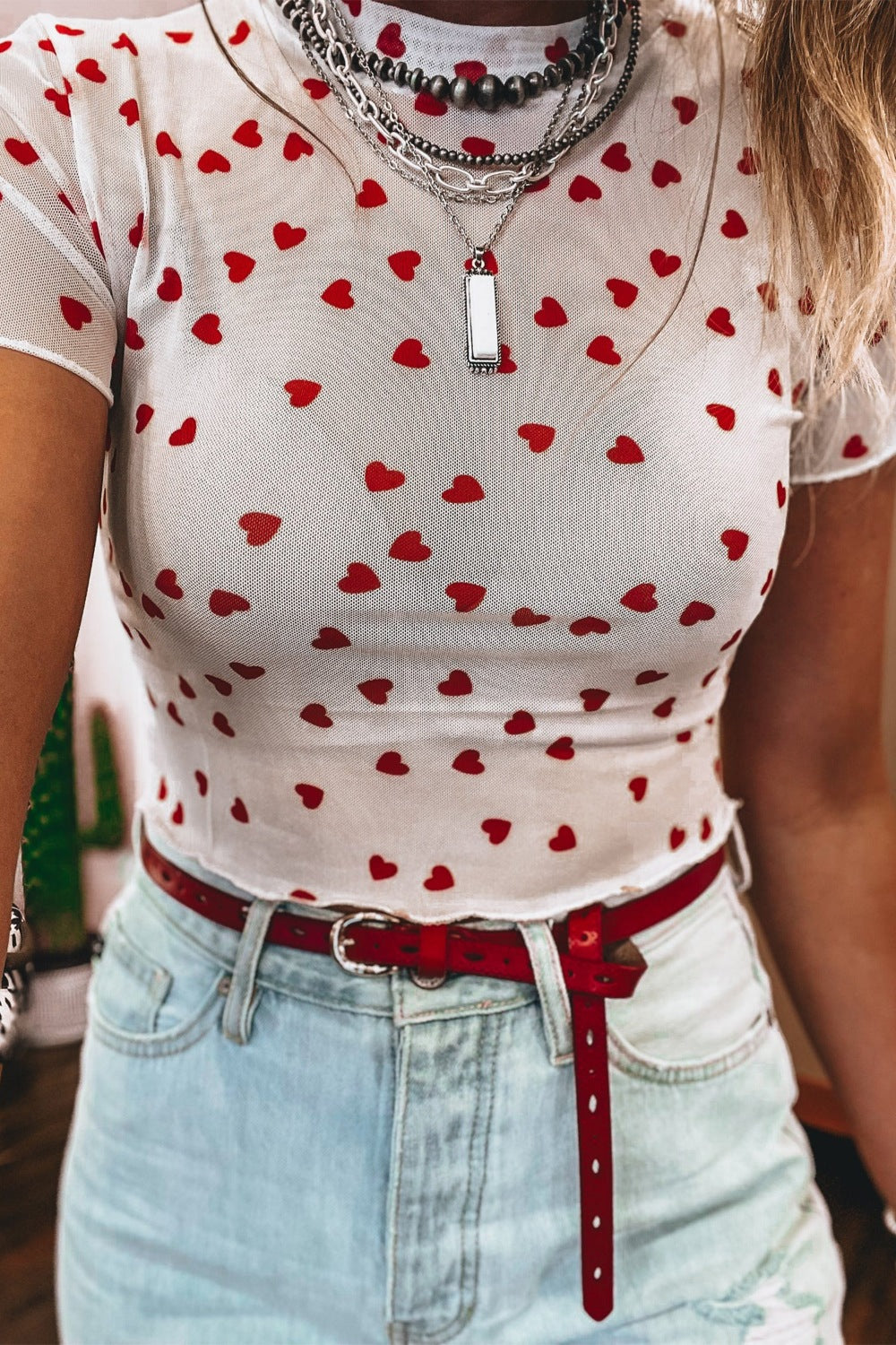 Women's Sheer Heart Print Fitted T-Shirt Short Sleeve Casual Top