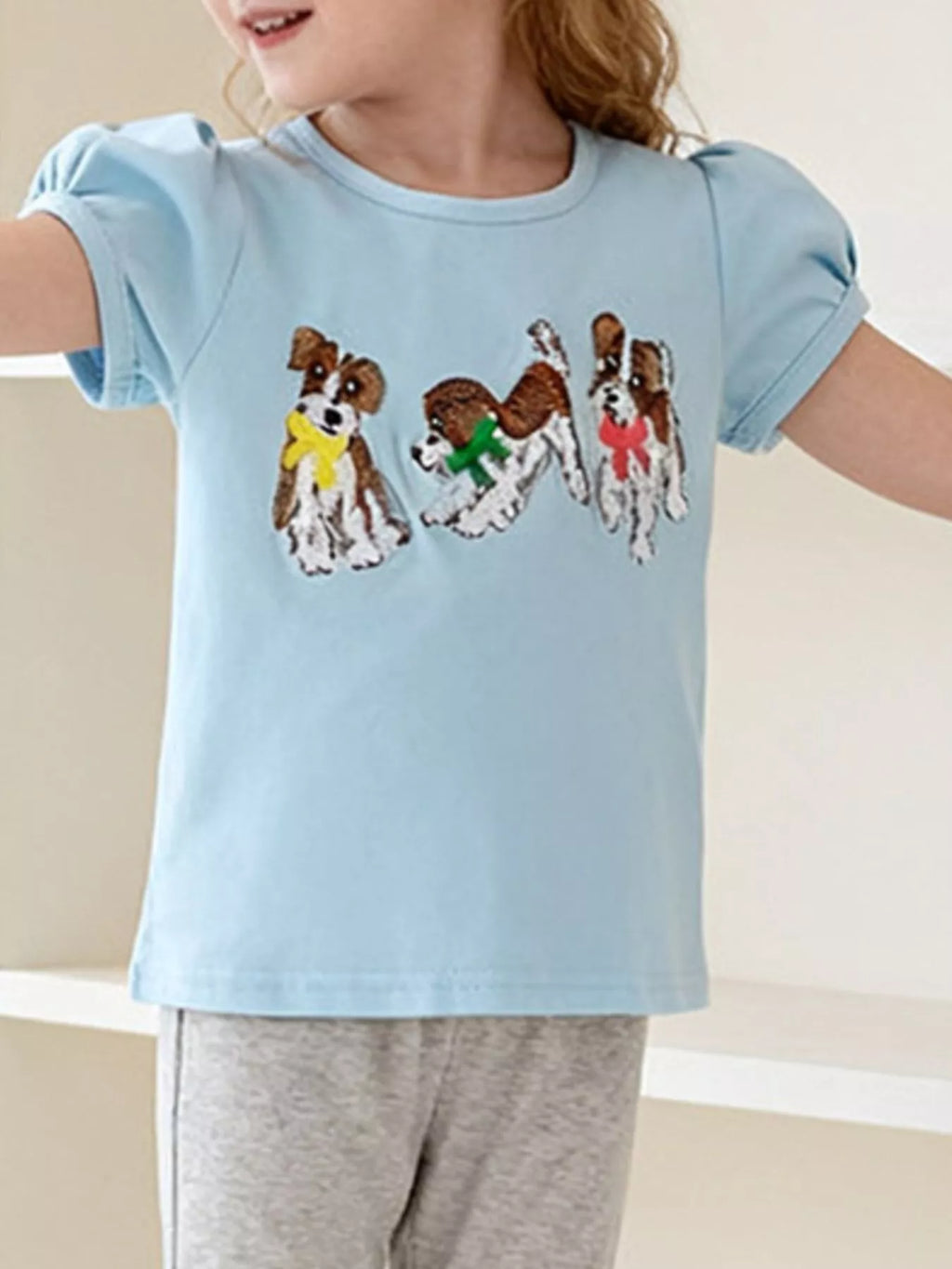 Children's Blue Short Sleeve T-Shirt with Puppy Graphic Print