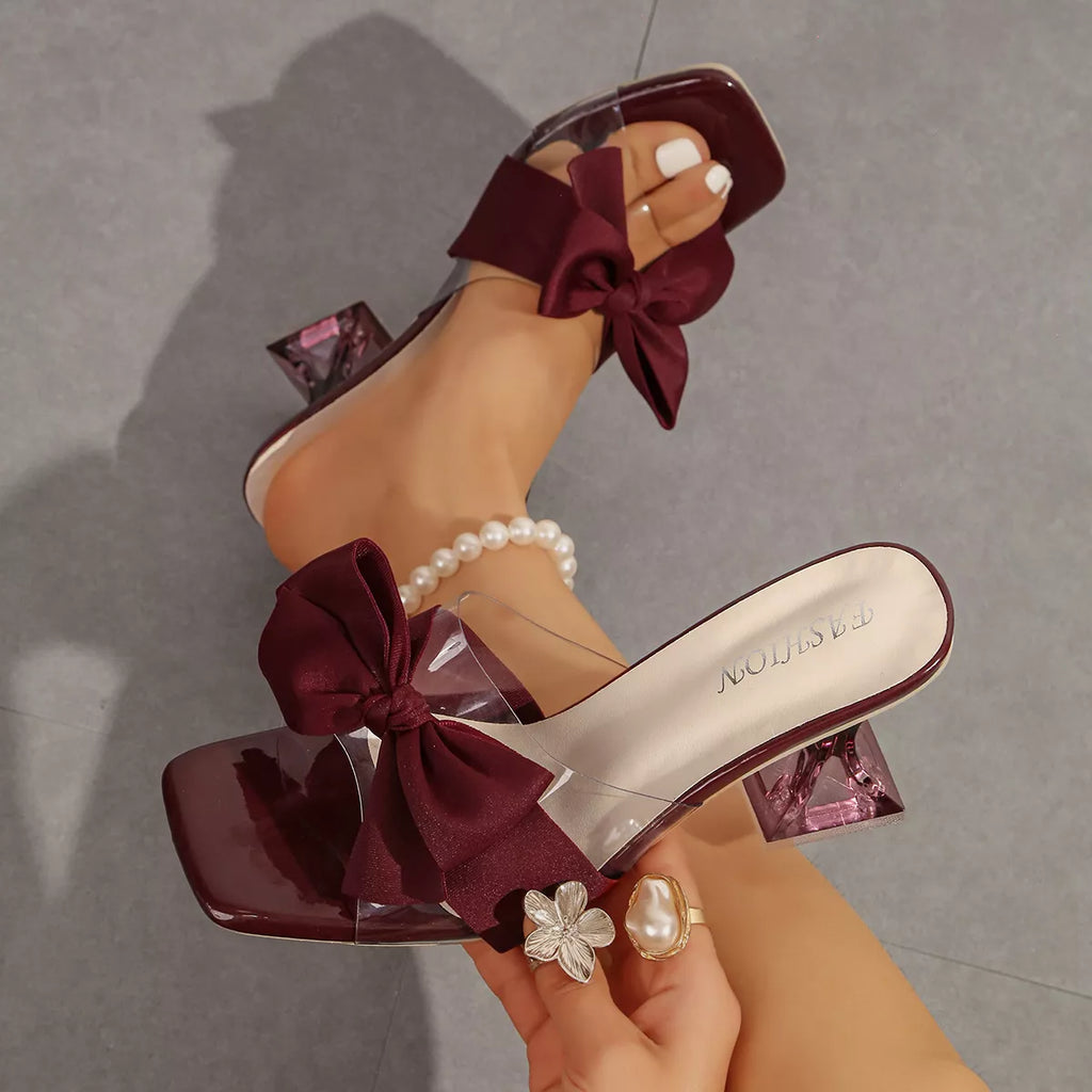 Open Toe Mid Heel Sandals with Decorative Bow Detail