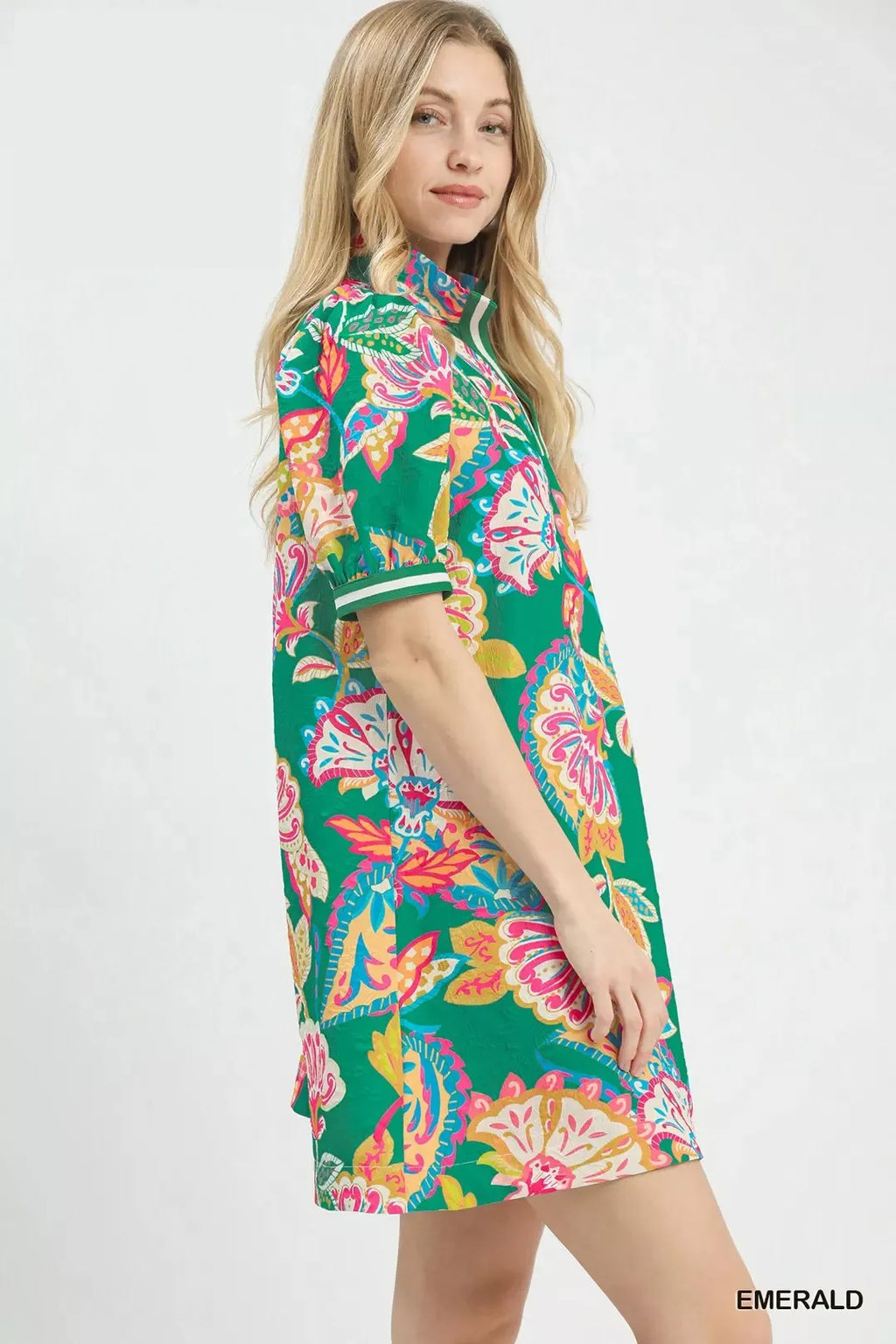 Emerald Jacquard Paisley Puff Sleeve Mini Tunic Dress