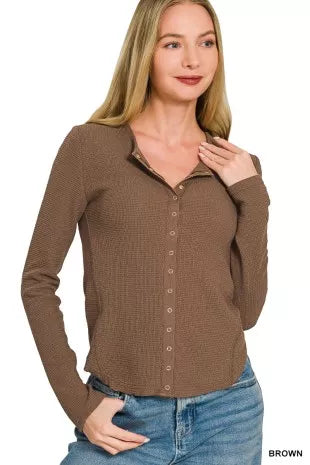 Women's Long Sleeve Snap Button Waffle Knit Top in Brown