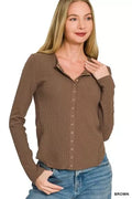 Women's Long Sleeve Snap Button Waffle Knit Top in Brown