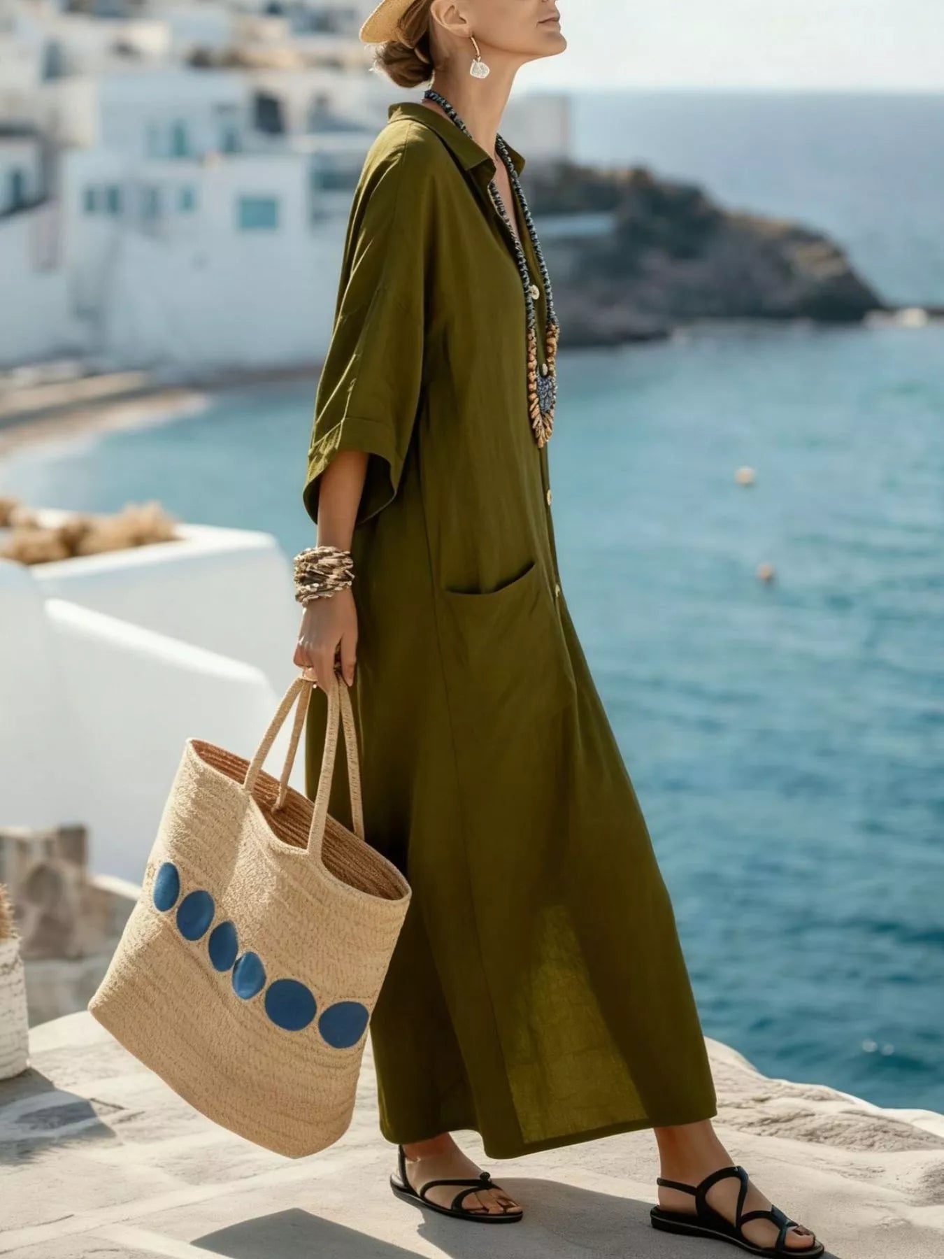 Olive Green Button Front Maxi Dress with Pocket Details