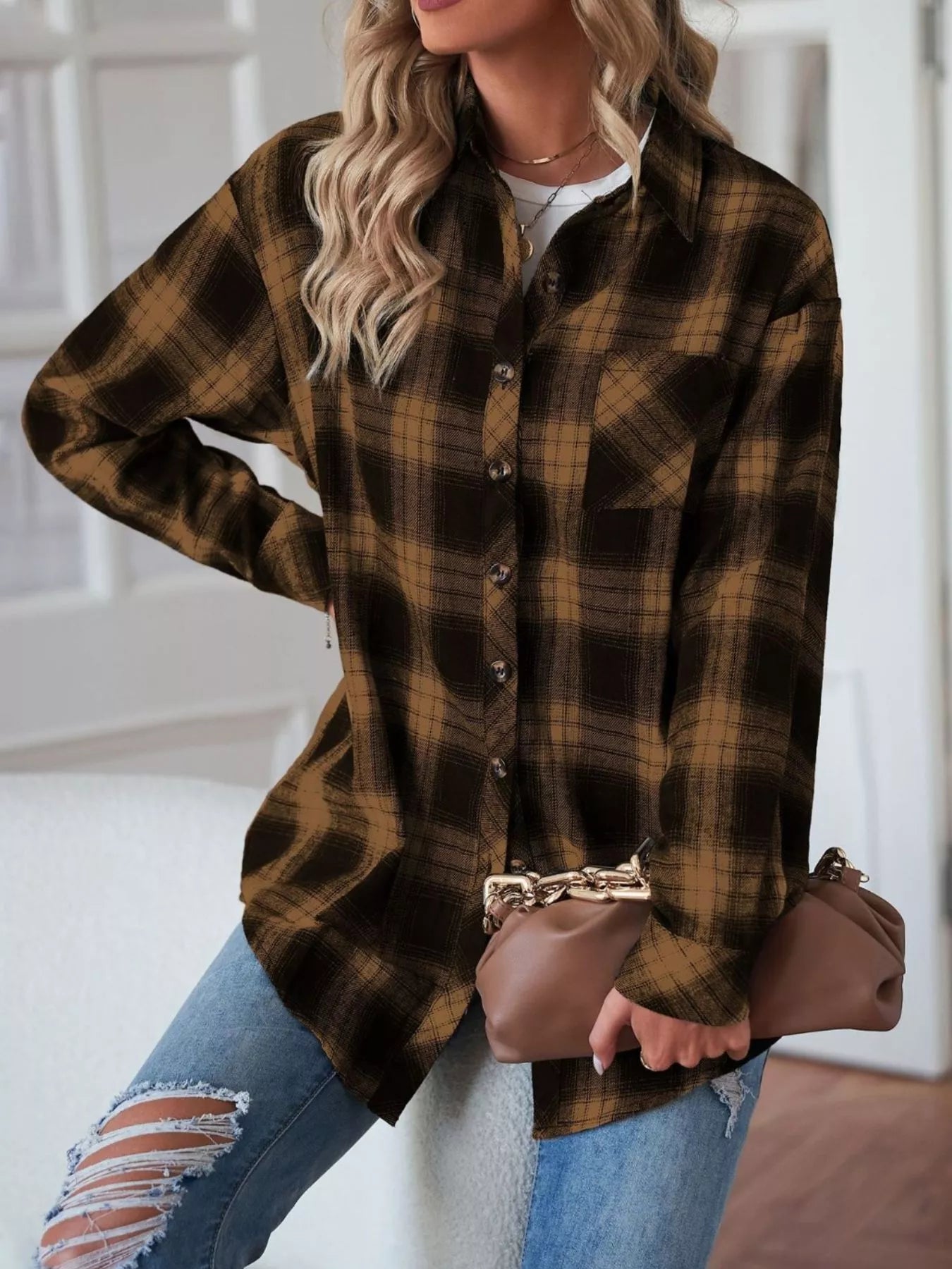 Women's Black and White Plaid Button Up Long Sleeve Shirt