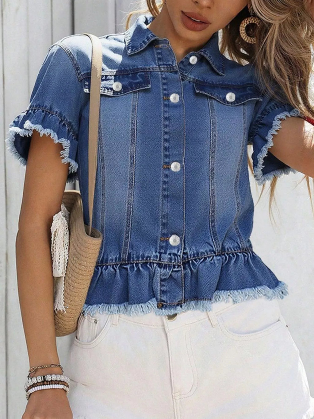Short Sleeve Denim Jacket with Ruffle Hem and Raw Edges