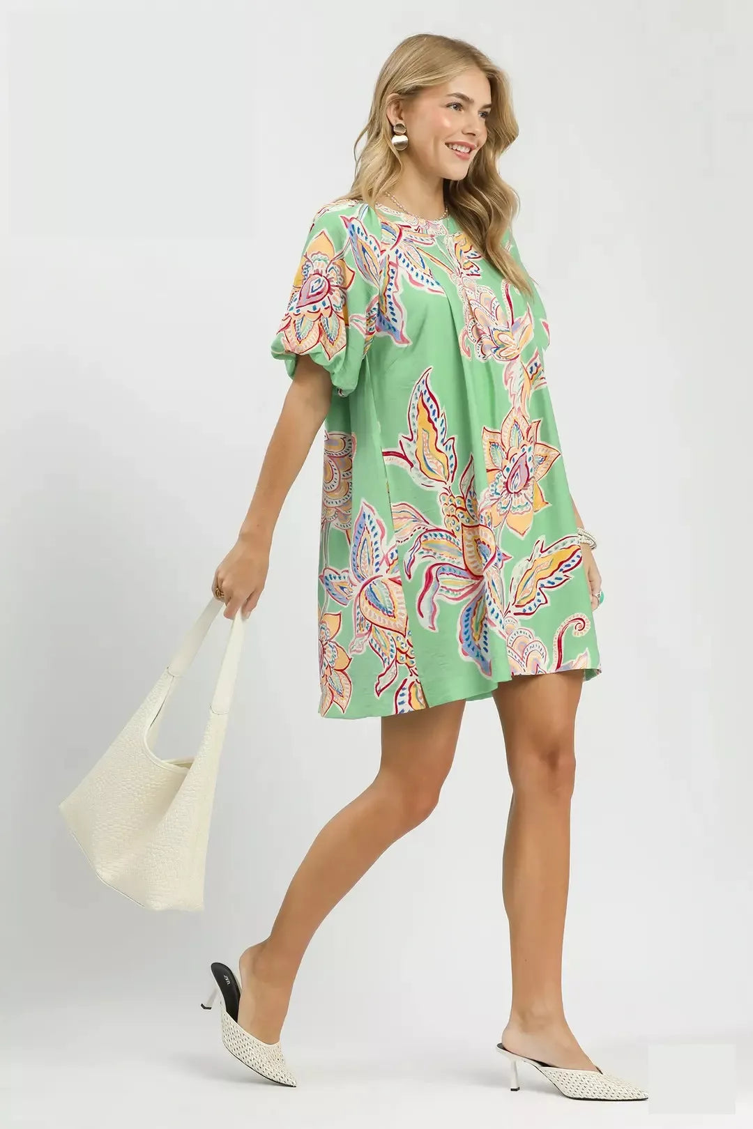 Sage Green Boho Floral Mini Dress with Short Sleeves and Pockets