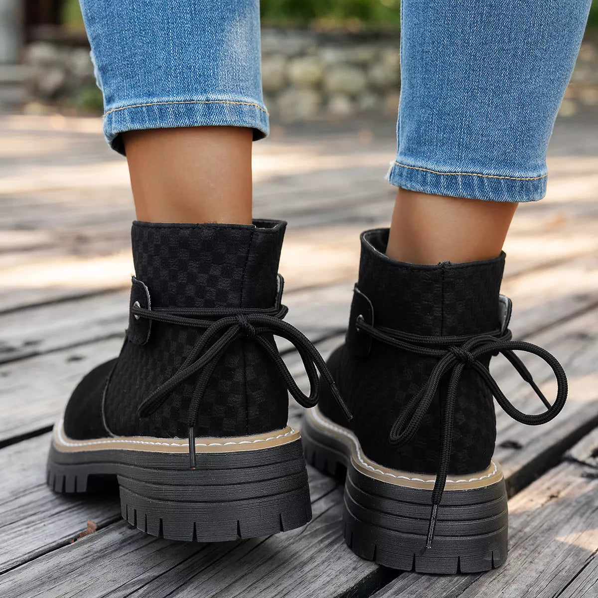 Women's Black Round Toe Platform Suede Boots with Check Detail